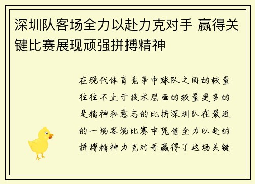 深圳队客场全力以赴力克对手 赢得关键比赛展现顽强拼搏精神